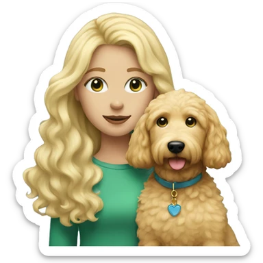 Girl with blonde hair green/blue eye with her golden doodle dog sticker