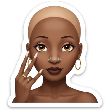Grown black (proud) woman, bald with a perfect head, a prominent nose with a septum piercing, many piercings on her ears, a gap between her front teeth and very long nails (cynthia erivo) a proud lesbian, with long lashes and her finger tapping her head sticker