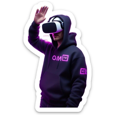 Russian man wearing a black hoodie with "OMG" letters on it and VR headset oculus quest 2 in a cyberpunk VR environment with violet neon lighting. Showing direction with hand sticker
