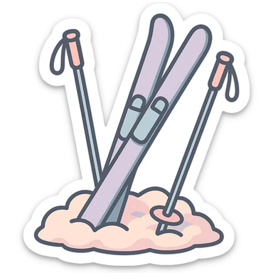 cross-country skis and poles on the sides, stuck at an angle into a snowdrift, snow piled up around the bases, detailed shading, thin clean outlines, soft rounded features, pastel palette #98B5BC #B5B3C1 #C9A3C9 #E4C0CA #F7DCD1 #F7C0AA, Japanese pop art, sticker look, highly detailed, vector clarity, soft lighting, subtle shadows, transparent background sticker
