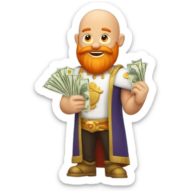 Bald man with a big orange beard wearing a crown as and holding money in his hand sticker