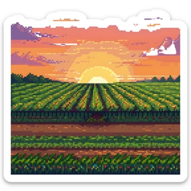 sunset over a beautiful field, pixel art style sticker