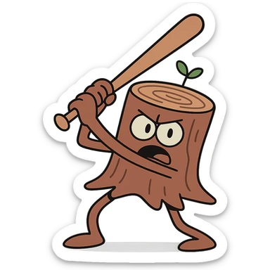whimsical tree stump with arms and legs holding a baseball bat ready to swing sticker