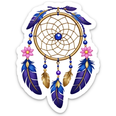 A gold-framed Dreamcatcher. with yellow metal flowers, blue beads, indigo beads, purple beads. And with pink feathers hanging down sticker