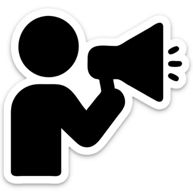 A person holding and speaking into a megaphone, white solid icon sticker