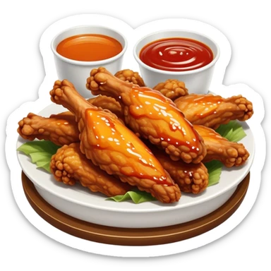 Cinematic crispy chicken wings, golden-brown and glazed with spicy sauce, crunchy coating, juicy inside, piled high with dipping sauce on the side, ultra-realistic and mouthwatering, inviting and bold. sticker