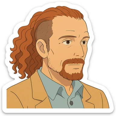 ghibli style white man in his 40s with long tight curly hair and short sides sticker