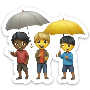 3 kids with a umbrella playing with a paper ship in the rain sticker