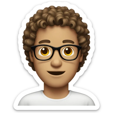 White guy with medium length brown curly hair and glasses sticker