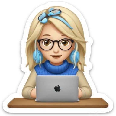 ragazza bionda sorridente con capelli molto lunghi, con occhiali tartarugati, occhi azzurri, con maglione beige, seduti alla scrivania che lavora al pc sticker