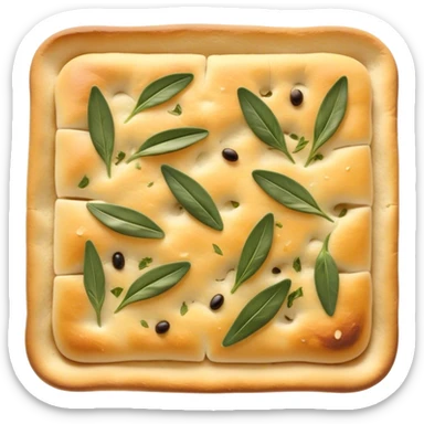 Cinematic Realistic Focaccia Bread Dish Emoji, depicted as a golden, olive oil brushed flatbread sprinkled with herbs rendered with lifelike texture and soft, appetizing lighting. sticker