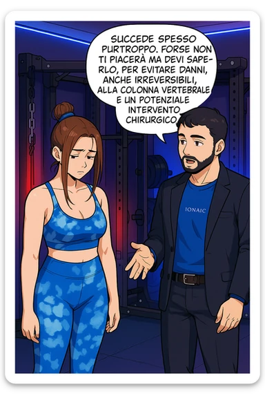 fai questa immagine in versione manga/webtoon a colori, il manga mostra l'uomo che risponde alla donne:
Succede spesso purtroppo. 
Forse non ti piacerà ma devi saperlo, per evitare danni, anche irreversibili, alla colonna vertebrale e un potenziale intervento chirurgico. sticker