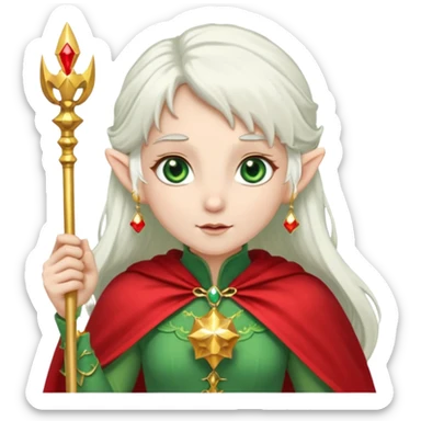 an elf with very white hair and two long ponytails on the side of her head, she has a curtain bang, green eyes, she has a white cape with golden borders and a scepter with a red orb, she has earrings that look like red drops sticker