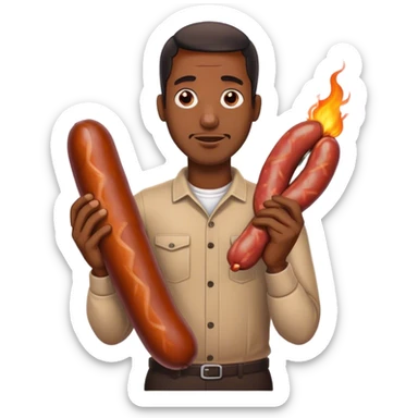 black man holding a burnt big sausage  sticker