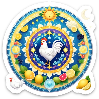 Celestial fitness mandala with magical water and lemon at center, surrounded by orbiting enchanted elements: radiant sun, glowing chicken and rice, sparkling gym weights, ethereal yogurt, twinkling fruits, and mystical sleep moon, all connected by cosmic energy flows and starry aura sticker
