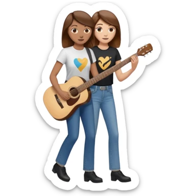 based on emoji style, like this "💁🏻‍♀️" "💁🏽‍♂️" "💁🏻", two people walking together. one is brown-haired woman, wearing business casual, holding a guitar. Another one is a non-binary person, wearing t shirt and jeans, and this person doesn't have anything on their hands. they are walking together. sticker