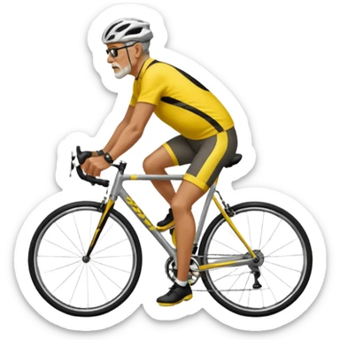 60-year-old man, about 225 lbs, in loose cycling clothes, yellow and black top, straddling grey road bike, graphic design with background as a road with trees sticker