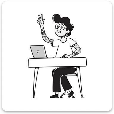 Cool female rockstar musician with arm tattoos and alternative hairstyle, sitting at desk with laptop, raising hand in class, smiling confidently sticker