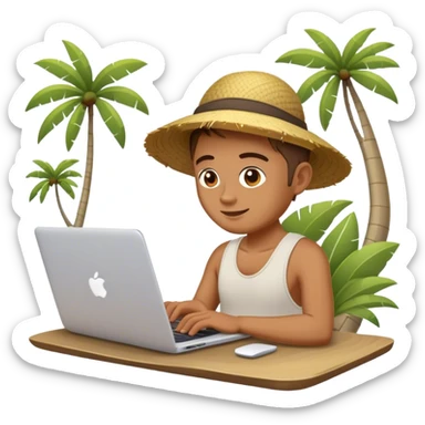 A digital nomad in Bali working on a laptop sticker