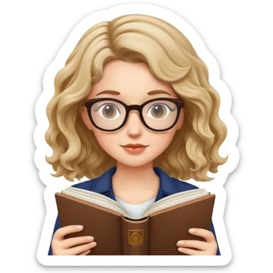 a white girl with weavy hair and small glasses reading  sticker