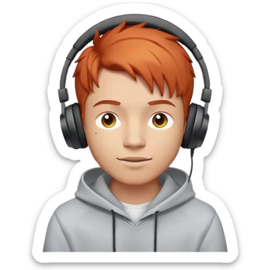 young red-haired male with headphones, wearing a hoodie with 'woojuo' letters, emoji style, lively overall sticker
