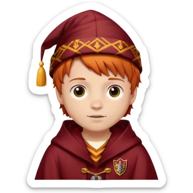 Boy with Ginger hair with a gryffindor Robe and a patterned cap sticker