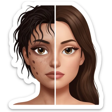 Split face woman: left side tired and messy with acne, dark circles and unkempt hair, right side beautiful with smooth skin, styled hair and makeup, glow up transformation, realistic portrait. sticker