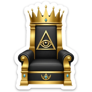 wide big iron black Illuminati throne with ornate gold and prominent Illuminati symbol sticker