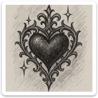 gothic heart with sparkles, ornate, dark, elegant, pencil sketch style sticker