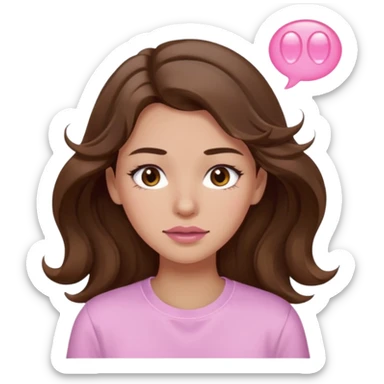 girl with wavy long brown hair, brown eyes, light to medium complexion, long lashes, light pink lipstick, wearing light pink shirt, sweat drops on the forehead sticker