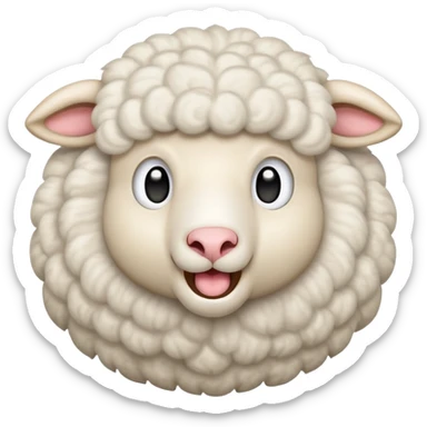 An emoji of a fluffy white sheep with its mouth open, making a 'meee' sound. Cute and cartoon-style, with soft wool texture and expressive eyes. Simple and playful design, resembling a classic farm animal emoji sticker