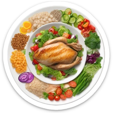Look up on a large white round plate of healthy food sticker