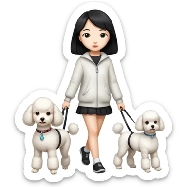 white poodle walking with owner (Asian girl with straight black hair) sticker