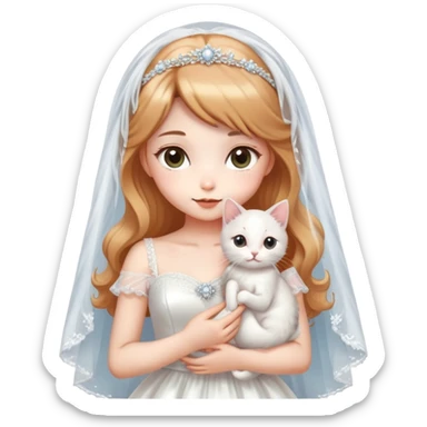 Very dreamy-beautiful-fashionable and elegant-wearing a wedding dress-with a veil-woman-holding a kitten-shiny-ladylike-soft style-kawaii-beautiful-hair-fairy style- sticker
