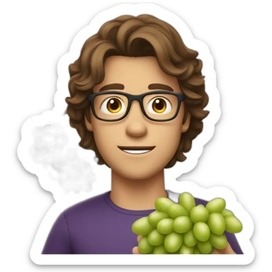 Young brown haired men with glasses throwing grape sticker