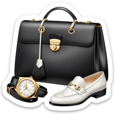 1 bag, and 1 glasses, 1 pair of shoes, and 1 watch rolex, all BLACK AND WHITE AND SILVER OR WHITE PLATED GOLD put together like a bundle with no face, all luxury items like lv and prada, and rolex, and balenciaga sticker