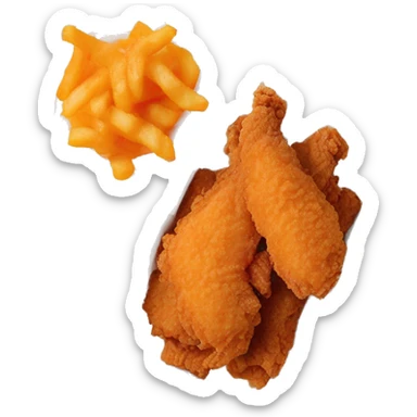 3 chicken tenders with crinkle fries and orange sauce on the side in a styrofoam container styrofoam container sticker