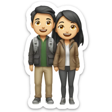 Cute young  Asian couple excitedly traveling  sticker