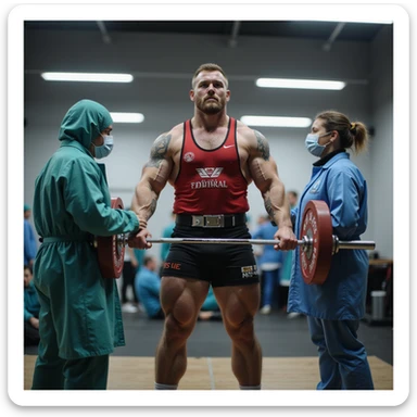 European powerlifter in federal competition attire undergoing anti-doping controls, realistic atmosphere with medical staff or officials present, laboratory or test details, isolated on white background sticker