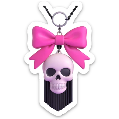 3D emoji style pink bow with gothic effect, hot pink velvet, black chain fringe, and silver skull charm sticker