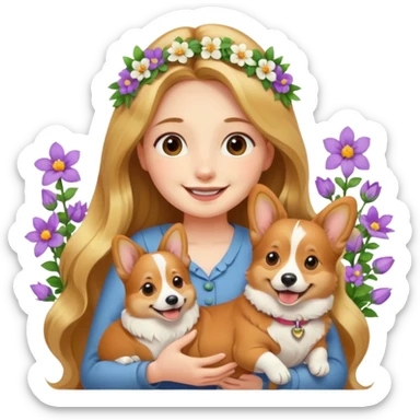 A long-haired girl holding a corgi in the flowers sticker