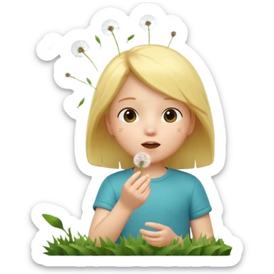 A 3D cartoon child blowing on a dandelion, seeds flying in the air, sunny garden background, realistic Memoji-style. sticker