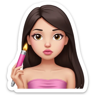 girl with lighter skin, dark brown long straight hair, pouty shiny lips without cupid's bow, large eyes, lighter button nose, long oval-shaped face, wearing a pink bandeau top with straight neckline sticker