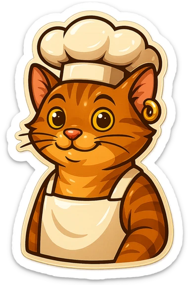 Make the chef cat's gold earring much bigger, keeping the same retro stickers cartoon style and background as is. sticker