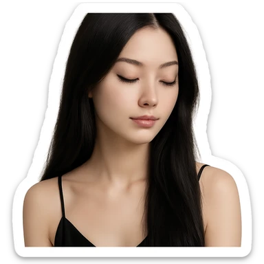 aesthetic girl with long black silky hair, long lashes, fair skin, elegant and soft expression sticker