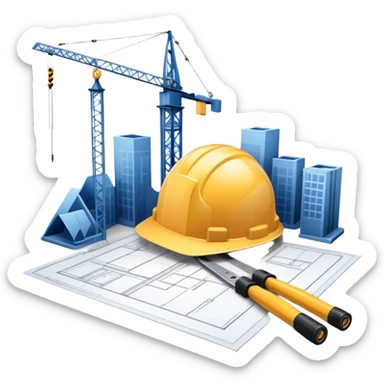 An icon featuring a blueprint, a hard hat, and a measuring tape, symbolizing architecture and construction. The design includes a building silhouette, cranes, and construction tools, representing the planning, design, and building processes. Transparent background. sticker
