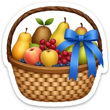 A basket with a blue ribbon on the handle sticker