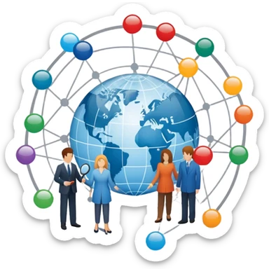 An icon featuring a group of people, a network diagram, and a magnifying glass, symbolizing sociology. The design includes a globe and interconnected lines, representing social structures and relationships. Transparent background highlights the study of societies and human behavior. sticker