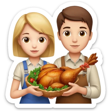 Boy and girl carrying a chicken meat sticker