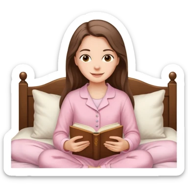  happy white long brunette hair girl with hazel eyes in light pink pajamas reading Pride and Prejudice sticker